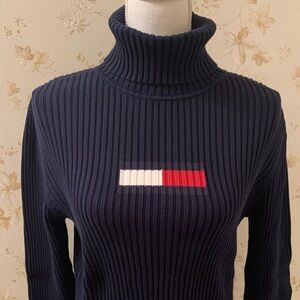 Tommy Hilfiger Navy Turtleneck Sweater with Red and White Accent XL
